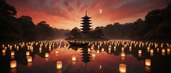 festive lanterns illuminating a tranquil river under a dusky sunset glow | travel, culture, festivals, nightlife, relaxation theme