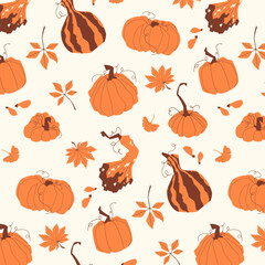 Vector seamless pattern with pumpkins, gourds, and autumn leaves on light background. Perfect for fall design, Thanksgiving, harvest decoration, packaging, fabric, and seasonal projects