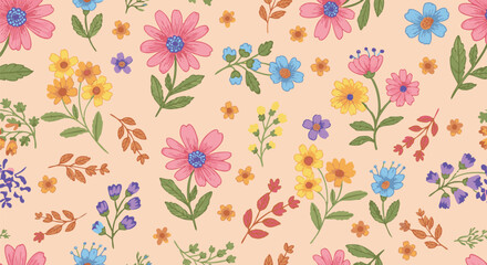 A colorful seamless floral pattern with hand-drawn wildflowers and leaves. This cheerful and vibrant botanical illustration is perfect for wallpaper