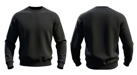 Front and back views of a plain black crewneck sweatshirt, isolated on a white background, showcasing casual apparel.