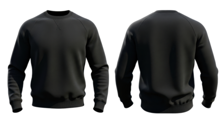 Front and back views of a plain black crewneck sweatshirt, isolated on a white background, showcasing casual apparel.