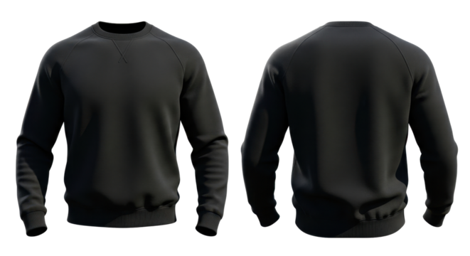 Front and back views of a plain black crewneck sweatshirt, isolated on a white background, showcasing casual apparel.