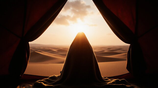 female traveler enjoying a sunset camping trip in the vast sahara desert landscape | travel, adventure, nature, lifestyle, relaxation theme