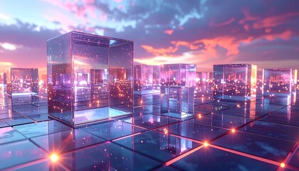 Futuristic cityscape with transparent cubes