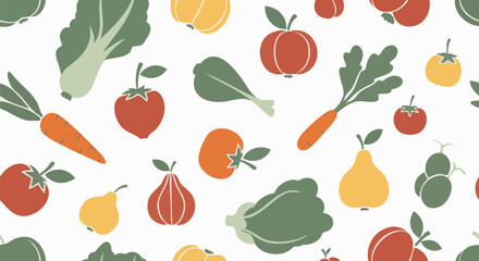 Fototapeta premium Vibrant seamless pattern illustration of fresh vegetables and fruits. Great for healthy eating, food-related designs, or adding a touch of nature