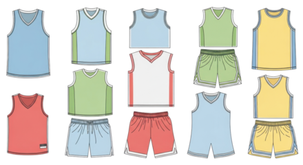 Flat lay illustrations of sports apparel, featuring multiple tank tops and athletic shorts in diverse color schemes, ideal for design templates.