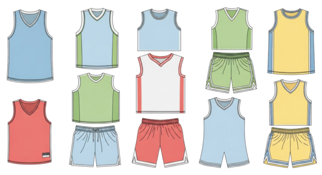 Flat lay illustrations of sports apparel, featuring multiple tank tops and athletic shorts in diverse color schemes, ideal for design templates.
