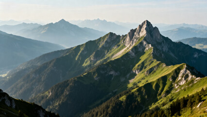 Obraz premium Majestic Mountain Landscape: Towering Peaks, Serene Valleys, and Endless Skies Capturing the Grandeur and Tranquility of Nature in a Timeless Natural Scene.Generated by AI 