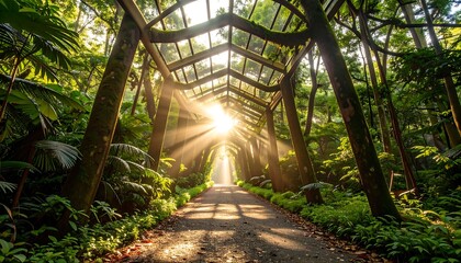 Sunlit path through a lush botanical garden