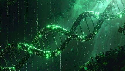 Stunning DNA strand sparkles in futuristic green matrix, showcasing scientific advancement and the beauty of genetic research within nature