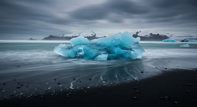Blue ice formation on a black sand beach under a cloudy sky