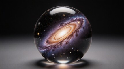 spiral galaxy captured within a clear glass sphere, cosmic wonder | science, astronomy, space, education, art theme