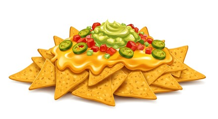 Delicious nachos with cheese guacamole and salsa isolated on white