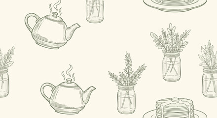 Hand-drawn breakfast seamless pattern featuring teapots, flowers in jars, and pancakes, creating a cozy, inviting, and versatile backdrop for various creative projects