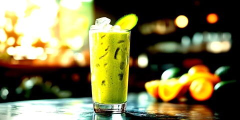 Refreshing green smoothie served in a tall glass at a cafe in the morning with fruit in the background - High Contrast