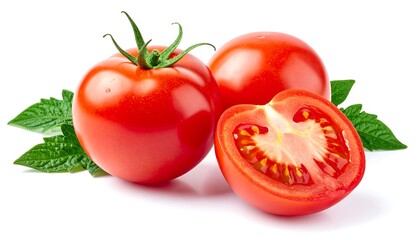 A vibrant composition features three ripe tomatoes, one halved to reveal the juicy interior. Lush green leaves accompany the produce