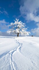 Snowy landscape with a frosted tree