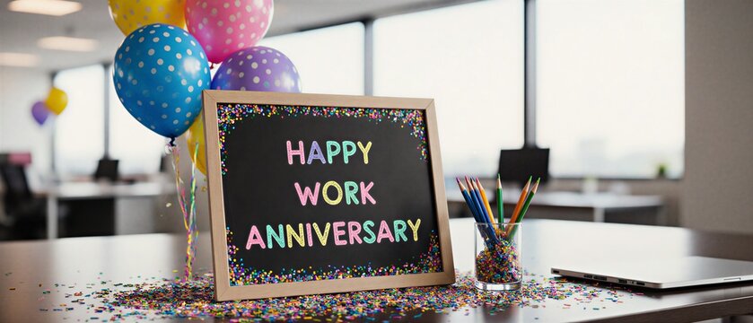 joyful office desk celebration with happy work anniversary sign and colorful confetti | workplace, anniversary, celebration, achievement, motivation theme