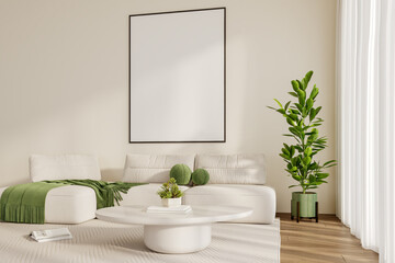 Modern living room interior with vertical poster frame above white sofa, green blanket and indoor plant, Scandinavian style mockup