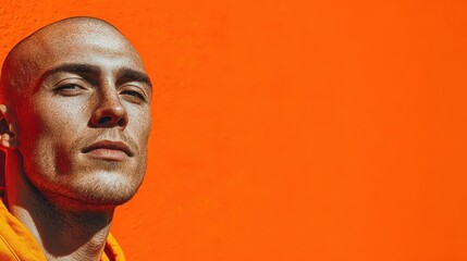 Portrait of a confident man against a vibrant orange wall in a modern urban setting during daylight hours