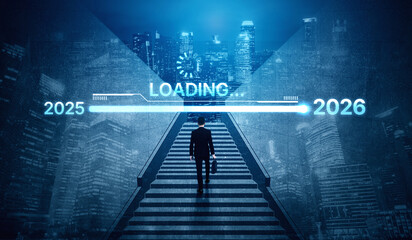 Visualizing the shift from 2025 to 2026. Progress bar symbolizing advancement, strategic foresight,...