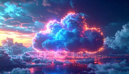 Experience the brilliance of cloud computing in a vibrant neon sky, a stunning visualization of data and technology for modern business and innovation
