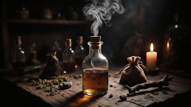 ancient alchemist's workspace with glowing potion in antique glass vial, surrounded by herbs | fantasy, dark, witchcraft, mystical, alchemy theme