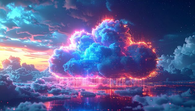 Experience the brilliance of cloud computing in a vibrant neon sky, a stunning visualization of data and technology for modern business and innovation - Powered by Adobe