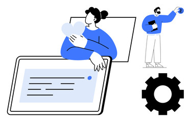 Woman holding a heart by a tablet, man presenting ideas with a diagram, and a gear symbol. Ideal for teamwork, creativity, innovation, technology, connections, workplace productivity simple flat