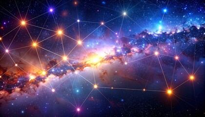 Obraz premium Stunning cosmic network with vibrant stars and nebulae creating a dynamic connected universe, perfect for technology, science, and futuristic concepts
