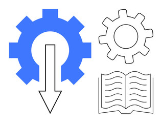 Blue gear with a downward arrow, a smaller outline gear, and an open book symbolizing process optimization, learning, and innovation. Ideal for education, technology, workflow, knowledge sharing