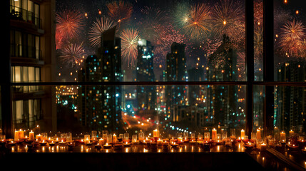 Celebrating diwali festival with candles and fireworks over city skyline at night view