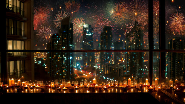 Celebrating diwali festival with candles and fireworks over city skyline at night view