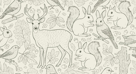 Fototapeta premium Seamless pattern with line art woodland animals: deer, rabbits, squirrels, birds. Rustic forest design with leaves, acorns, and branches