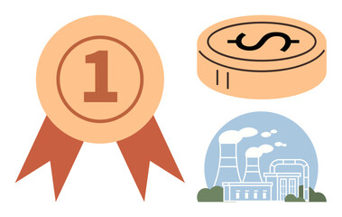 First-place medal with ribbon, coin with currency sign, and industrial plant with chimneys emitting smoke. Ideal for achievement, success, economy, industry, finance, manufacturing competition