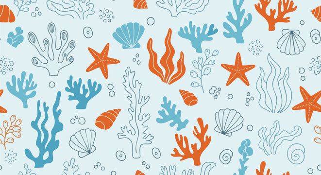 Hand-drawn coral reef pattern with starfish, shells, and algae. This vector design captures an ocean theme with playful, cartoon elements