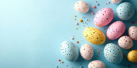 Colorful decorative eggs scattered on a light blue background for spring celebrations and festive activities