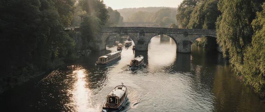 Cinematic Aerial View of Historic River Punting with Stone Bridge at Sunset - Ultrawide European Travel Concept