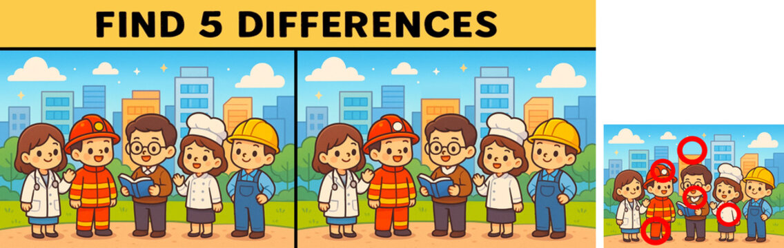 Find 5 Differences Puzzle with Community Helpers Doctor Firefighter Teacher Chef Builder Professions for Kids