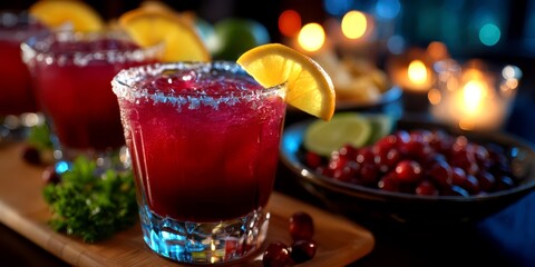 cocktails with citrus garnishes on a wooden table surrounded by festive decorations