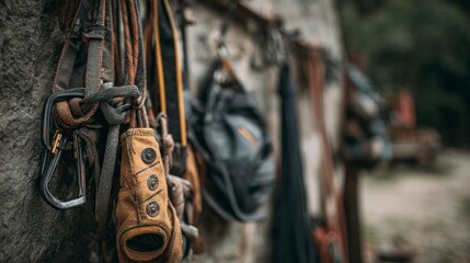 Climbing gear hanging outdoors
