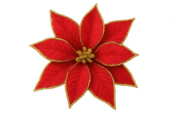 Red christmas poinsettia decoration with glitter gold edges, festive winter holiday flower cutout, transparent background
