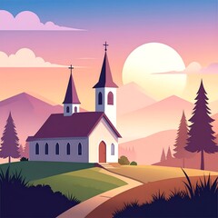 Fototapeta premium A serene church nestled in a valley at sunrise