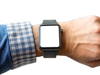 Male hand wearing smartwatch with blank screen cutout png isolated on a transparent background