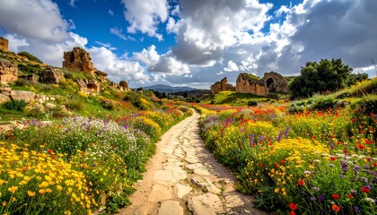 Ancient path amidst vibrant spring flowers