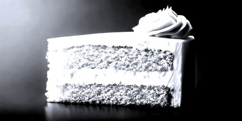 Slice of fluffy vanilla cake with creamy frosting on the top displayed on a background