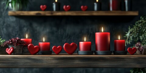 Elegant candle arrangement with hearts on a wooden shelf creating a atmosphere for a romantic evening
