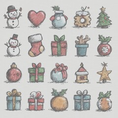 Colorful Christmas themed illustrations featuring festive symbols and ornaments on a light background - Low Contrast