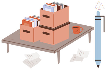 Books stored in boxes on a table, scattered papers, a cup, and a pen evoke organization, learning, and creativity. Ideal for education, office, productivity study minimalism writing teamwork as