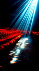 Empty theater hall with red chairs illuminated by bright beams of light during a nighttime performance - High Contrast